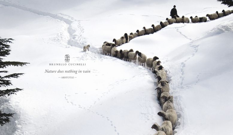 Sheep being herded down a snowy mountain for fashion house Moessmer