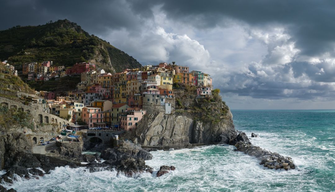 Areal photo of the Italian Riviera, Cinque Terre on the Ligurian Coastline of Italy.