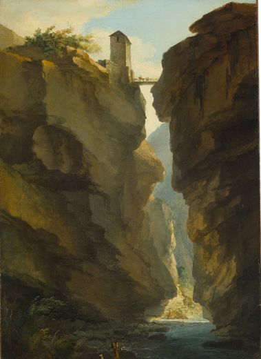 Caspar Wolf (1735–1783), Brücke und Dalaschlucht, flussabwärts gesehen, um 1774–77, Öl auf Leinwand, 82,5 x 54,2 cm, Kunstmuseum Wallis Sitten, Brig, Switzerland, art