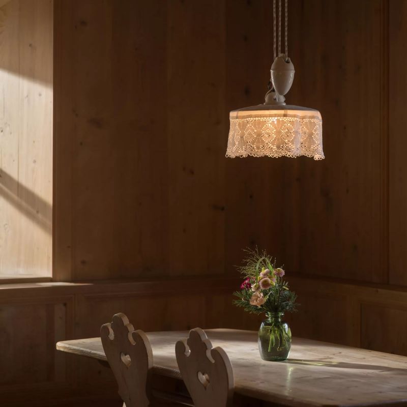 Pendant lightings over restaurant table. - concept develped by Matteo Thun Chef Daniel Sanin - Inspired by Forests, Alps, Design & Heritage | vigilius mountain resort | South Tyrol, Italy