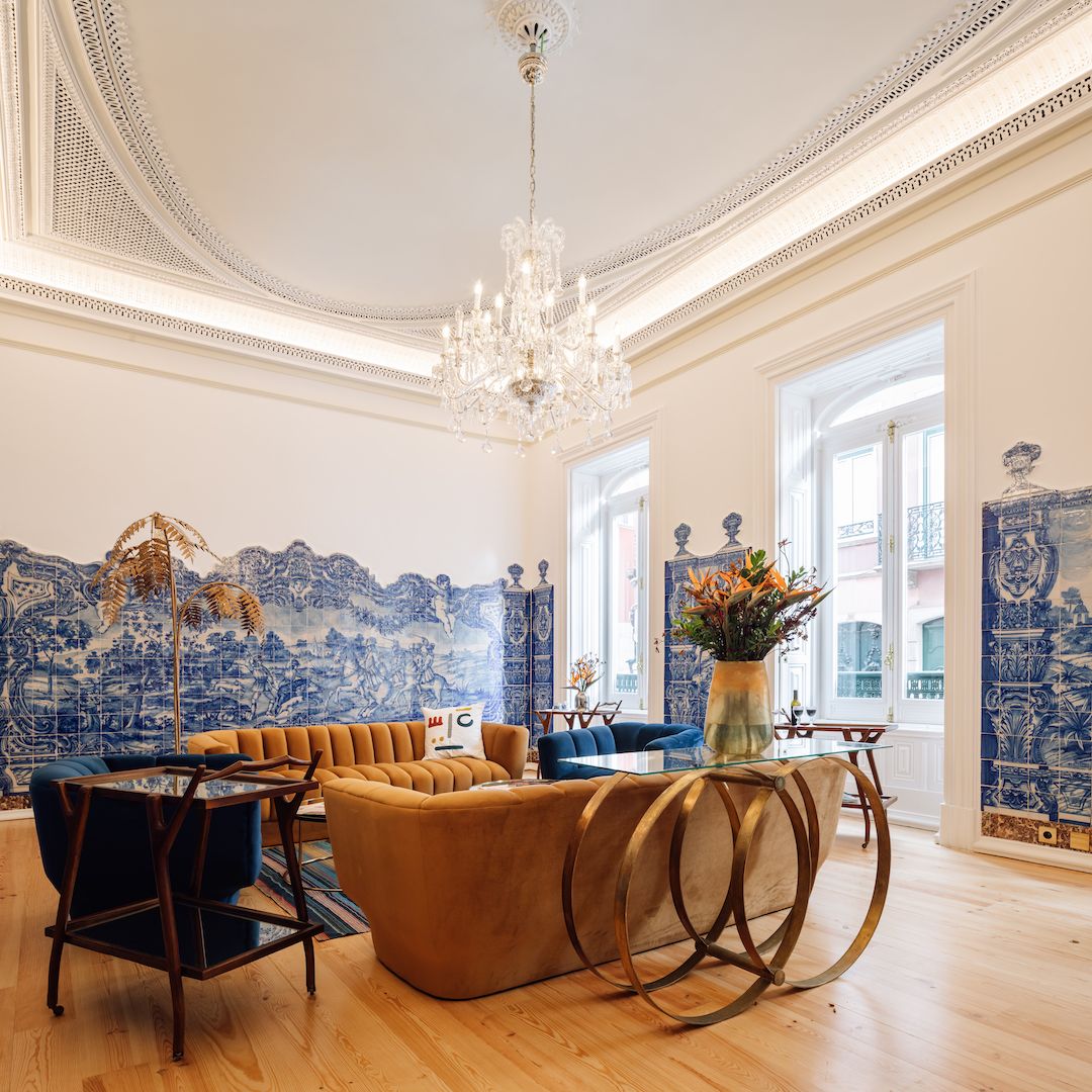 Restored Palaces of Lisbon | The Salon with Blue heritage tiles | Palacio Principe Real | Luxury Boutique Hotel Lisbon | The Aficionados
