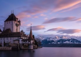 Thun, Lake Thunersee, Switzerland, mountains, Oberhofen castle, snow and sunset, photo by Samuel Ferrara