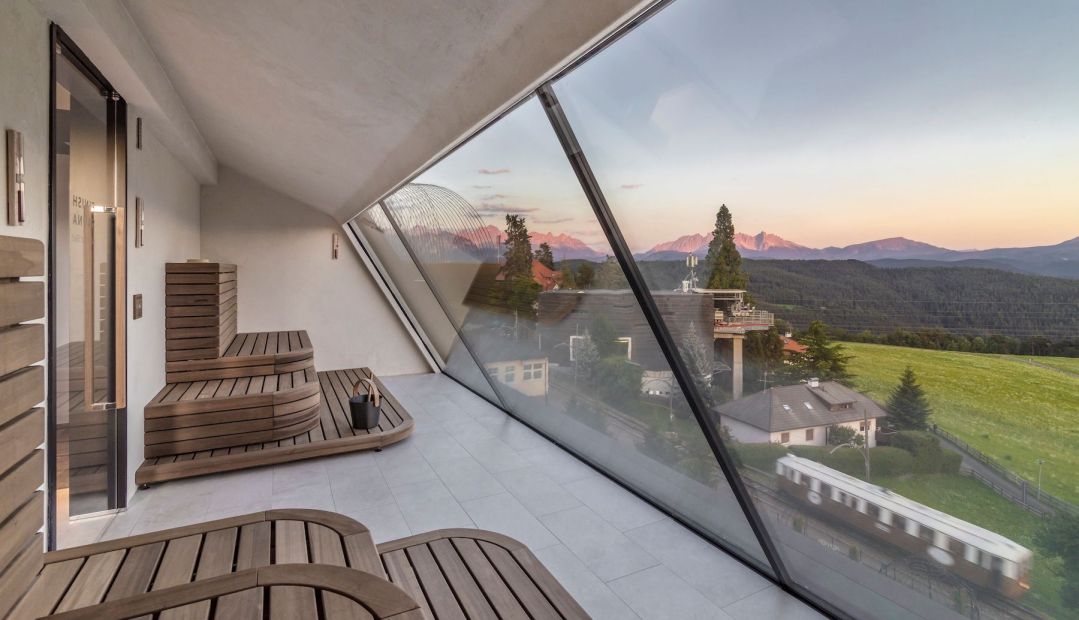 Rooftop Spa & Wellness - Gloriette Boutique Hotel Soprabolzano - designed by noa architects, overlooking the Dolomites in South Tyrol, Italy 
