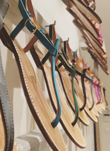 Fashion brand Rondini sandals lined up in their shop in Saint Tropez, St Tropez