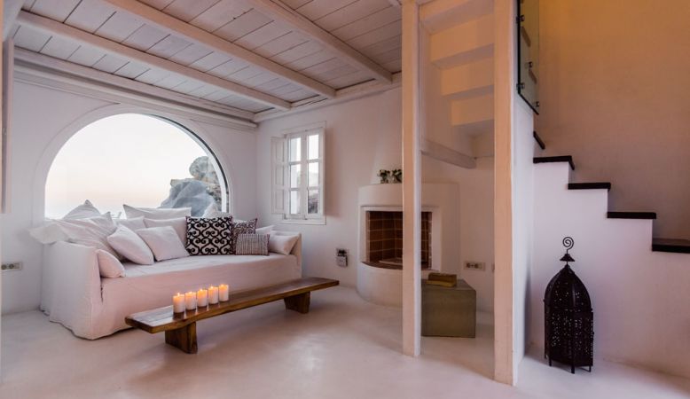 Design interiors of Aenaon Luxury Villas, Caldera, Santorini, Greece.