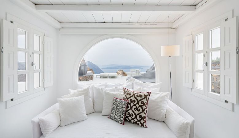 White interior design Aenaon Luxury Villas, Caldera, Santorini, Greece.