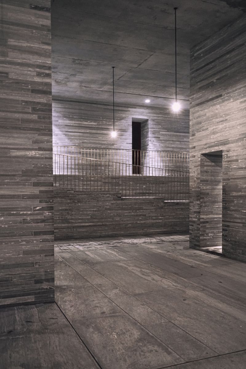 Interior pool of Peter Zumthor’s Therme Vals architecture, slate walls 