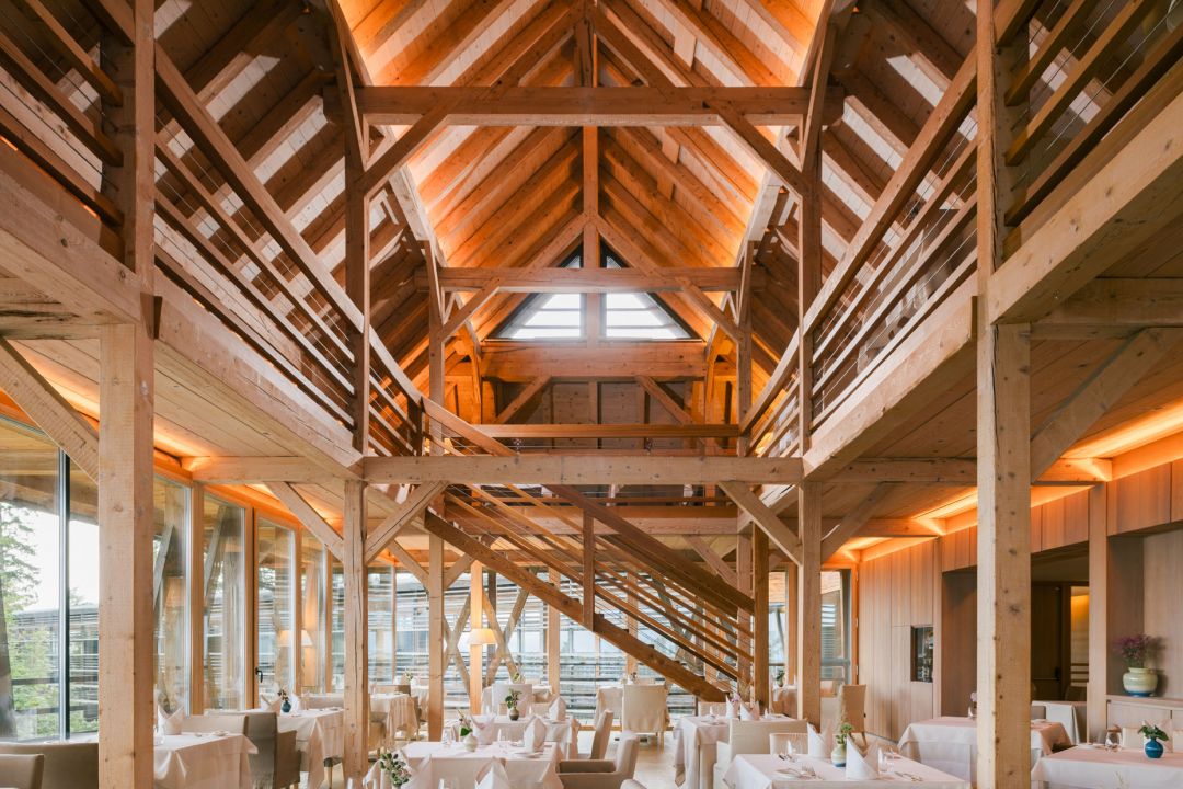 Restaurant desgined by Matteo Thun using timber construction, pitched barn type building | Chef Daniel Sanin - Inspired by Forests, Alps, Design & Heritage | vigilius mountain resort | South Tyrol, Italy
