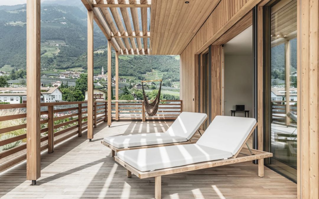 Outdoor Modern Descking Patio and Balcony | Hotel Design | Luxury Modern Holiday Apartments | Villaverde Merano | Design Wellness Hotel Apartments in Lagundo Algund, South Tyrol, Italy by Studio Biquadra | The Aficionados